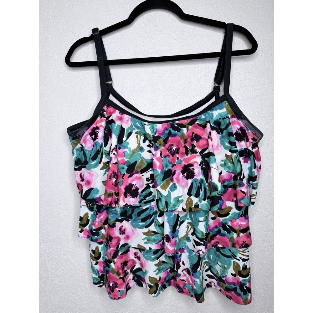 Rose Marie Reid Tankini Swim Top Women 18W Plus Size Floral Ruffled Beachwear